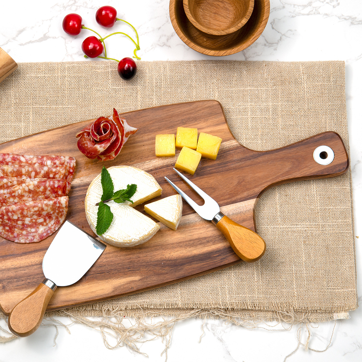 Acacia Wood Cutting Board 37.5cm – Natural Wooden Chopping Board with Handle for Kitchen, Serving & Food Styling